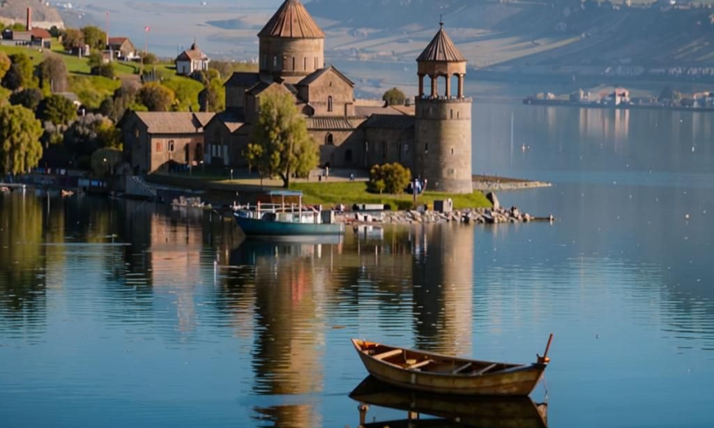 A stone monastery complex with a conical dome and separate bell tower reflecting perfectly on a glassy lake surface near a small wooden boat during a luxury private tour linking regional highlights to Armenia with Lux Orient.