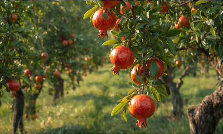 Ripe red pomegranates hanging heavily from green tree branches inside a sun-drenched orchard in Armenia during a luxury private gastronomic culinary tour with Lux Orient.
