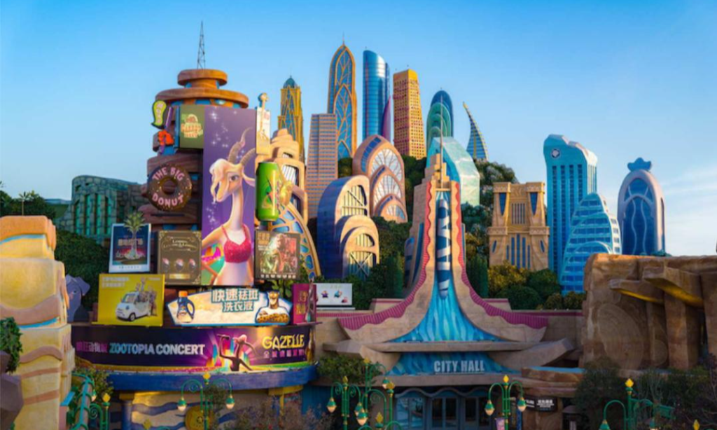 A panoramic twilight view of an illuminated theme park garden at Shanghai Disney Resort, highlighting the premium, all-inclusive private VIP concierge tour packages offered by Lux Orient.