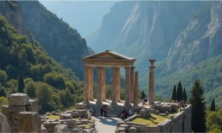 An ancient stone temple structure standing on the dramatic mountain slopes of Delphi during a premium multi-day private tour departing from Athens with Lux Orient.