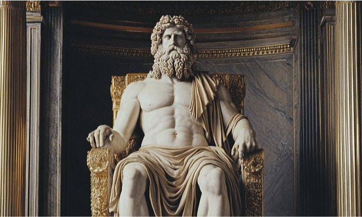 A magnificent marble statue of the Greek god Zeus seated on a golden throne inside an ancient temple setting during a luxury private cultural tour in Athens with Lux Orient.