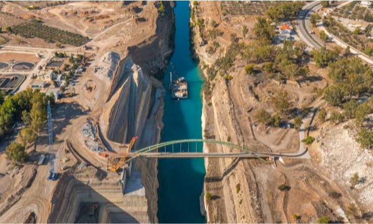 An aerial view of the steep limestone walls and turquoise waters of the Corinth Canal with a bridge crossing during a bespoke luxury private tour from Athens with Lux Orient.