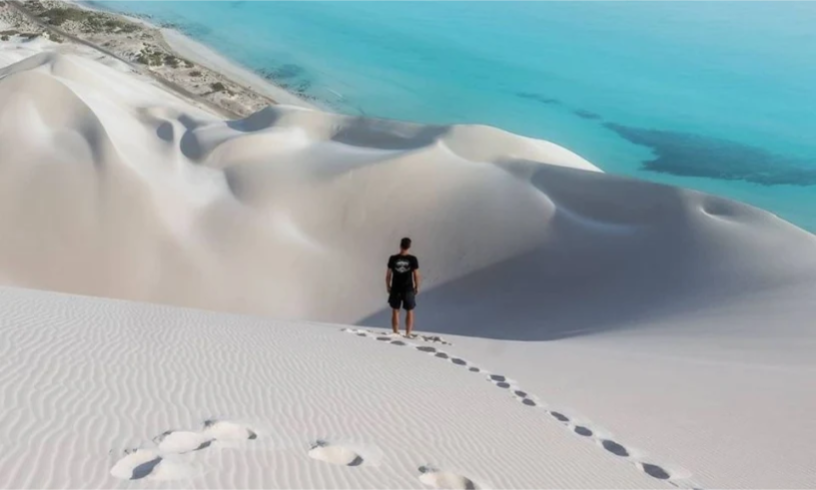 The vast, smooth golden sands and calm turquoise waters of Delisha Beach meeting a natural freshwater lagoon on Socotra Island, Yemen, during an exclusive private luxury tour with Lux Orient.