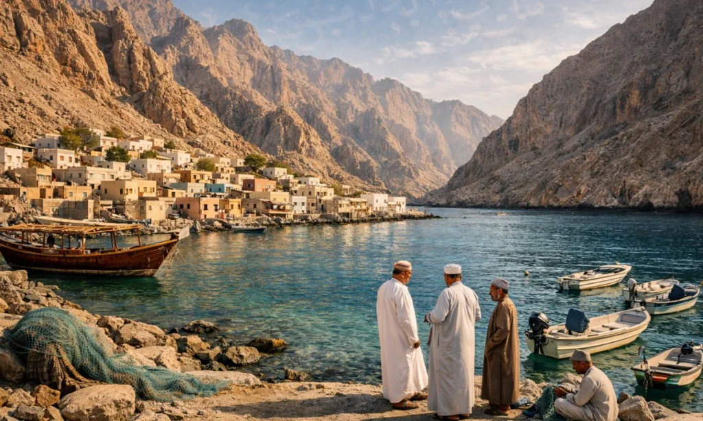 An aerial view of the isolated coastal houses of Kumzar village squeezed into a narrow valley floor beneath towering rocky mountains on the shore of Musandam, Oman, during a private luxury day tour with Lux Orient.