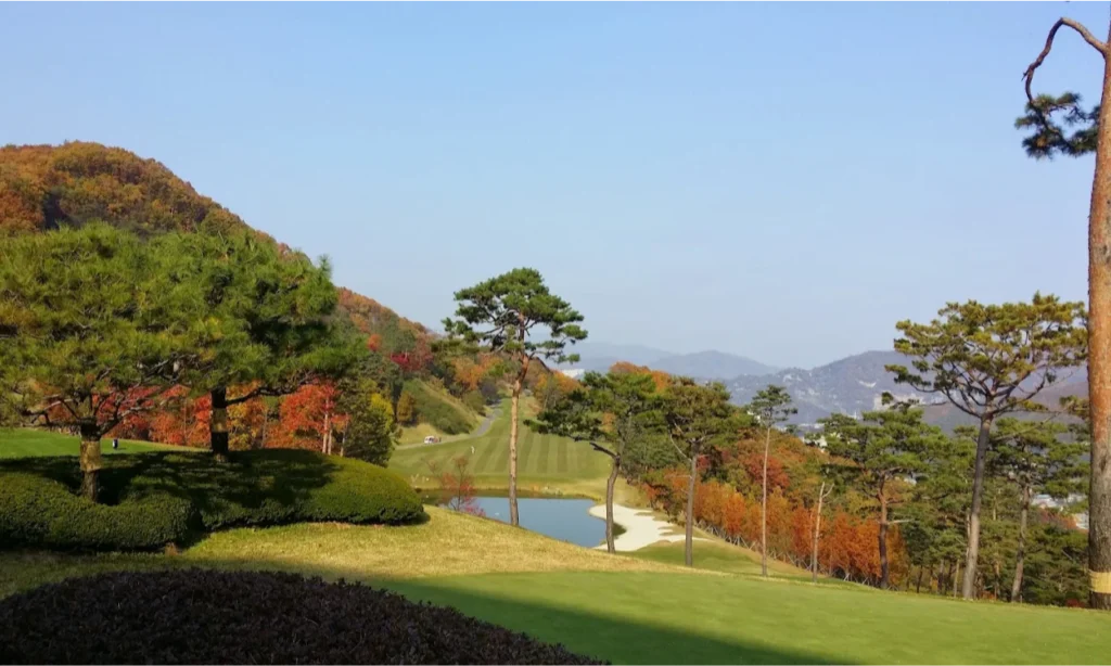 The sweeping, vibrant green fairways and meticulously sculpted sand traps of the coastal Haevichi Country Club in Jeju Island, South Korea, overlooking the ocean during a premium private luxury sports tour with Lux Orient.