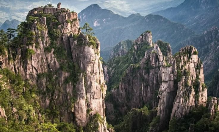 The dramatic rock summit of Beginning-to-Believe Peak with an ancient twisted pine tree overlooking a deep, mist-filled valley in Huangshan, during an elite private luxury tour with Lux Orient.