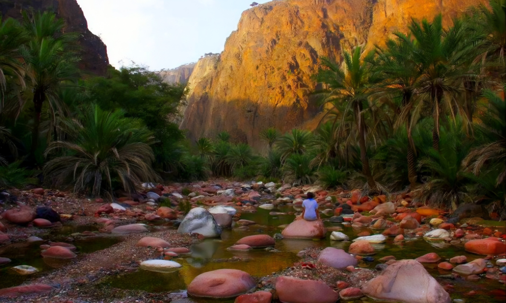 The steep, towering limestone cliffs of Wadi Dirhur canyon enclosing natural freshwater pools and green palm trees on Socotra Island, Yemen, during an elite private luxury tour with Lux Orient.