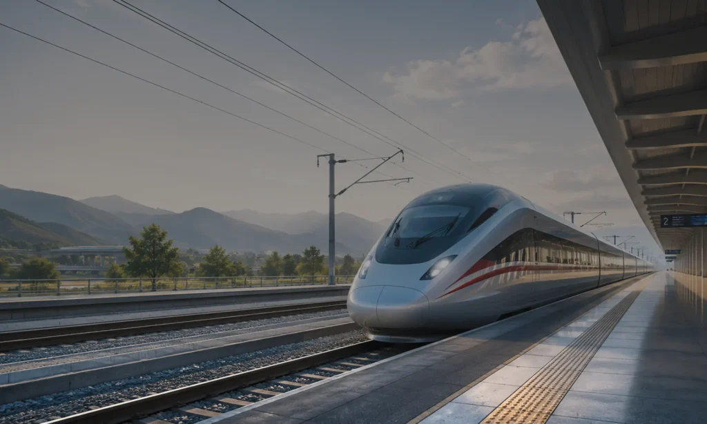 A sleek, white Chinese bullet train waiting at the modern platform of a Shanghai railway station for an exclusive private high-speed rail journey to Huangshan, with premium travel services by Lux Orient.