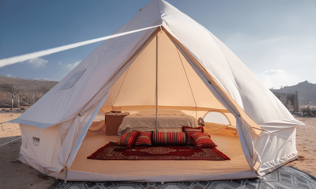 A premium private luxury tent set up on the white sands of the Beach Camp at Detwah Lagoon on Socotra Island, Yemen, overlooking the aquamarine sea during an exclusive VIP expedition with Lux Orient.