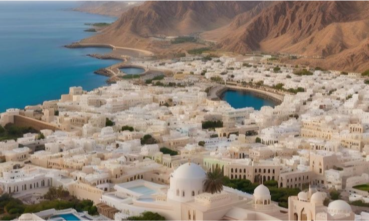 The scenic waterfront of the Mutrah Corniche in Muscat, Oman, featuring the illuminated blue dome of the Al Lawati Mosque against a backdrop of dramatic mountains during a private luxury city tour with Lux Orient.