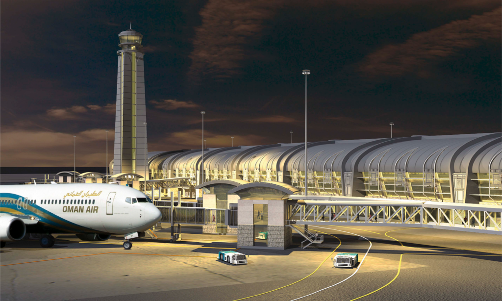 The sleek, modern baggage claim and arrivals hall of Muscat International Airport in Oman, featuring large architectural columns, digital signage, and luxury finishes, arranged for a VIP transfer by Lux Orient.