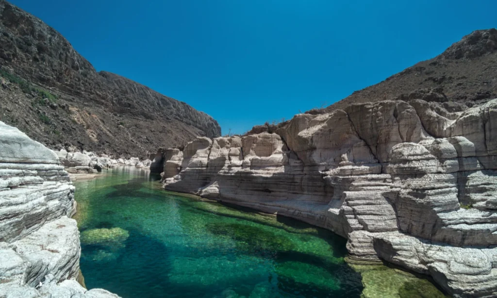 A dramatic landscape view across the rocky ridges of the Diksam Plateau dotted with unique, umbrella-shaped Dragon's Blood trees on Socotra Island, Yemen, during an exclusive private luxury tour with Lux Orient.