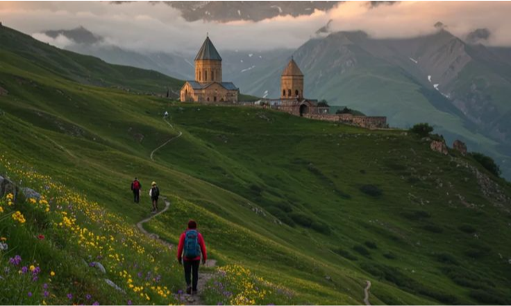 The historic stone structure of Gergeti Trinity Church standing on a lush green mountain ridge with the massive, snow-covered peak of Mount Kazbek rising into the clouds behind it in Georgia, during a luxury private tour with Lux Orient.