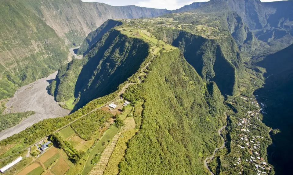 Lush green organic tea fields and winding pathways on the scenic mountain ridge of Grand Coude in Saint-Joseph, La Réunion, during an exclusive private luxury tour with Lux Orient.