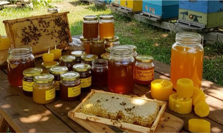 A golden jar of artisanal Miel de Letchi next to fresh lychee fruits and honey dippers on a rustic wooden table in La Réunion, during an exclusive private luxury culinary tour with Lux Orient.