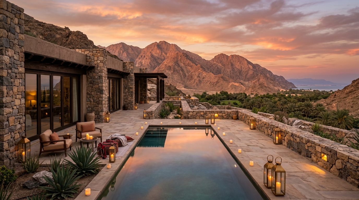 Private villa terrace and pool facing the mountains at dusk