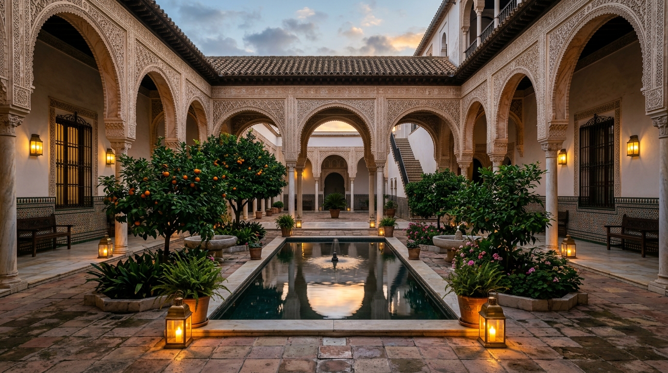 Andalusian courtyard with arches and orange trees
