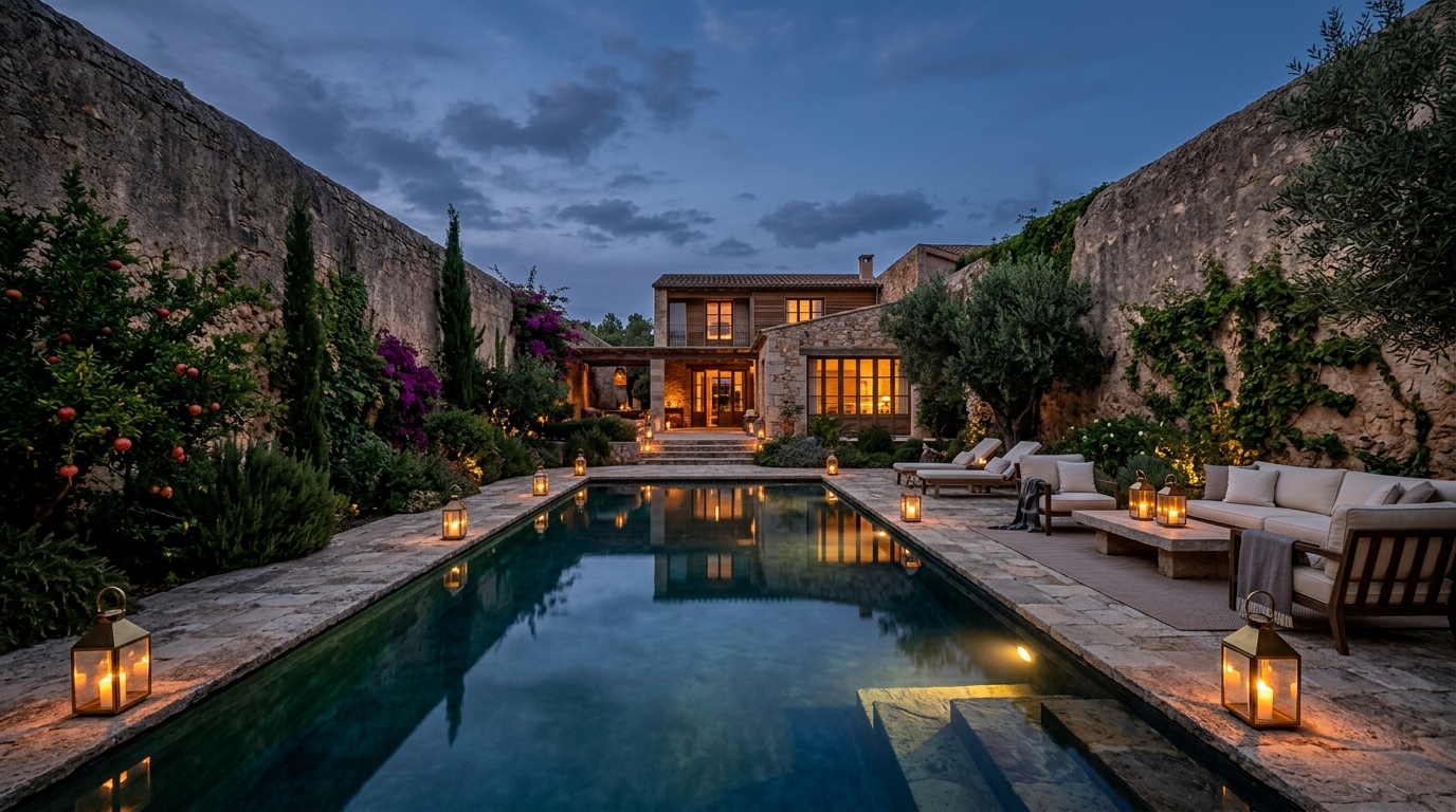 Private villa with a pool at dusk