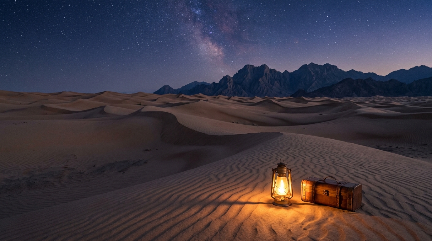Desert at twilight lit by lanterns