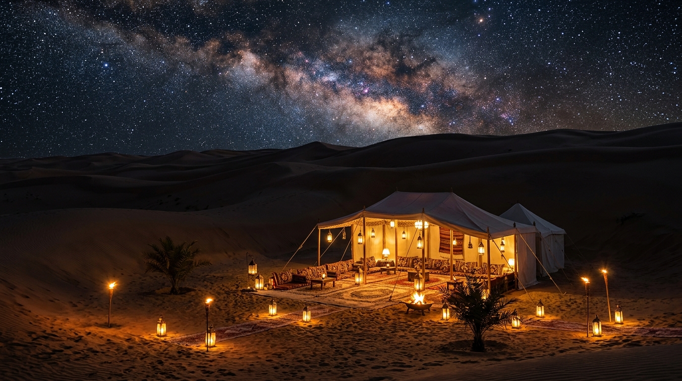 Private desert camp lit by lanterns under the Milky Way